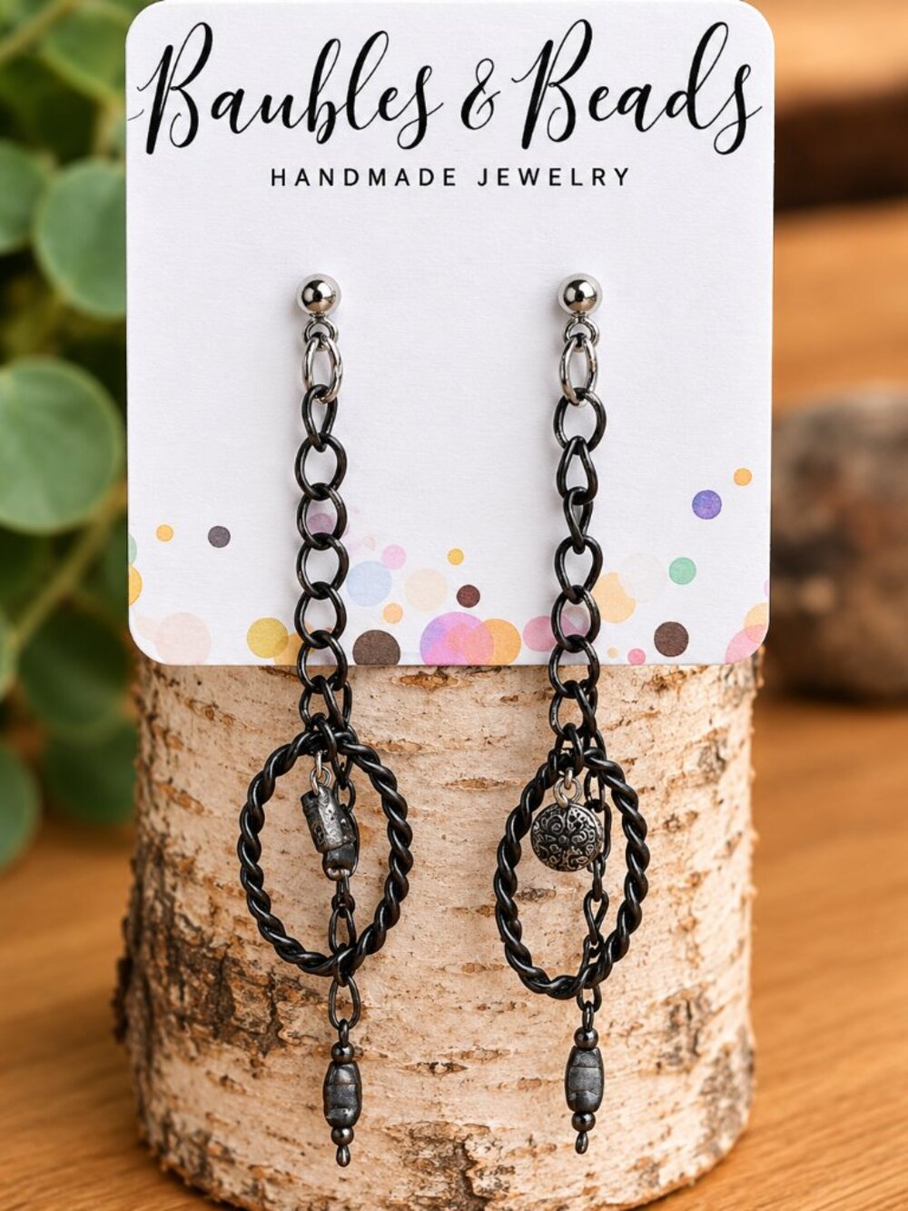 Bohemian Layers Earrings - Circle Charm Design, Black Chain Cascade